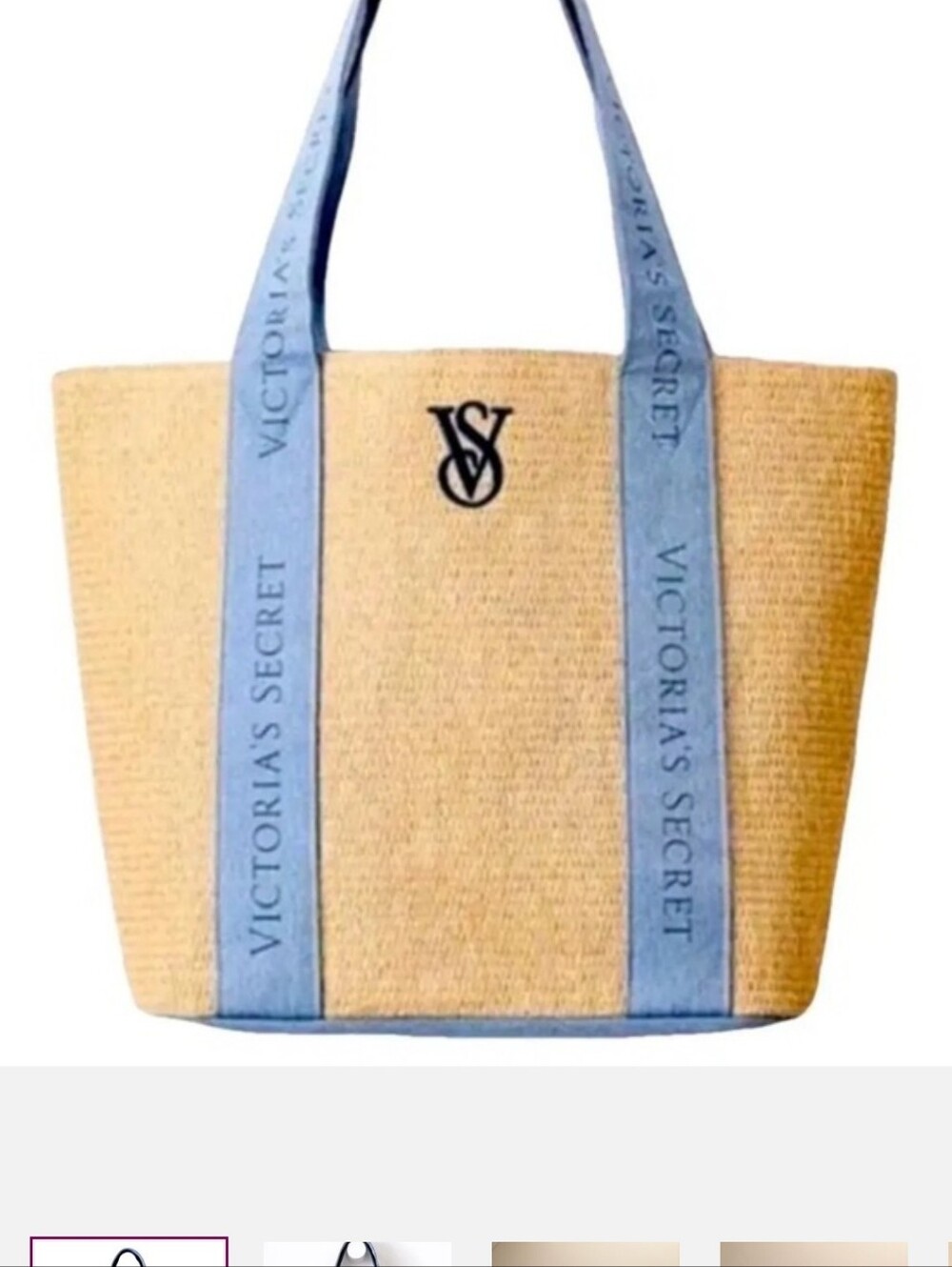 Victoria's Secret Gold Straw Tote with Denim Blue Straps